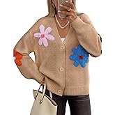 ZESICA Womens 2026 Spring Floral Cardigan Sweaters Casual Long Sleeve Open Front Button Down V Neck Knit Sweater