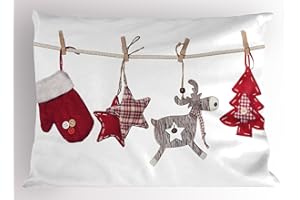 Ambesonne Christmas Pillow Sham, Traditional Xmas Celebration Items Hanging from Rope with Clothespins Retro, Decorative Standard Queen Size Printed Pillowcase, 30" X 20", Red Cream Tan