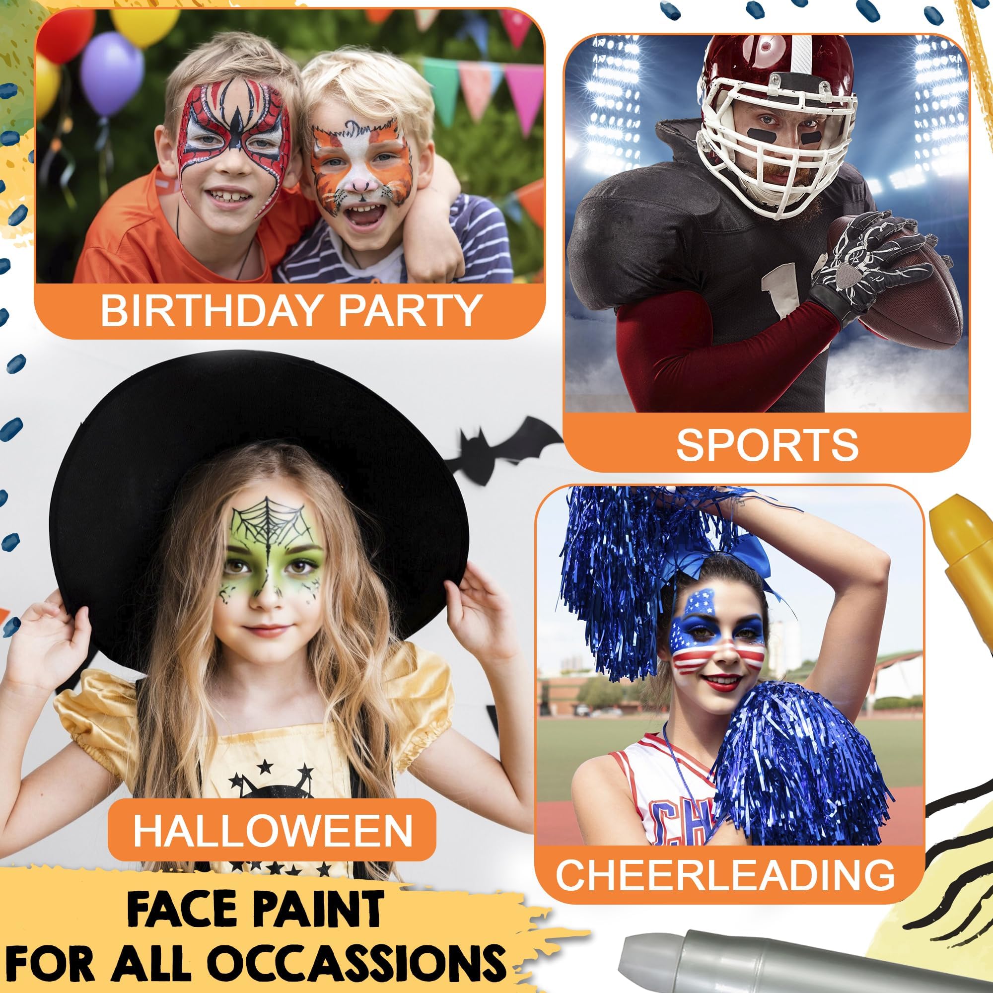 Jim&Gloria Water Based Face Paint Kit with Stencils, 8 Large Professional Face Painting Kit for Kids Party Facepaint Halloween Makeup Washable Body Paint for Adults Skin Color Crayons, Boy Girl Gifts