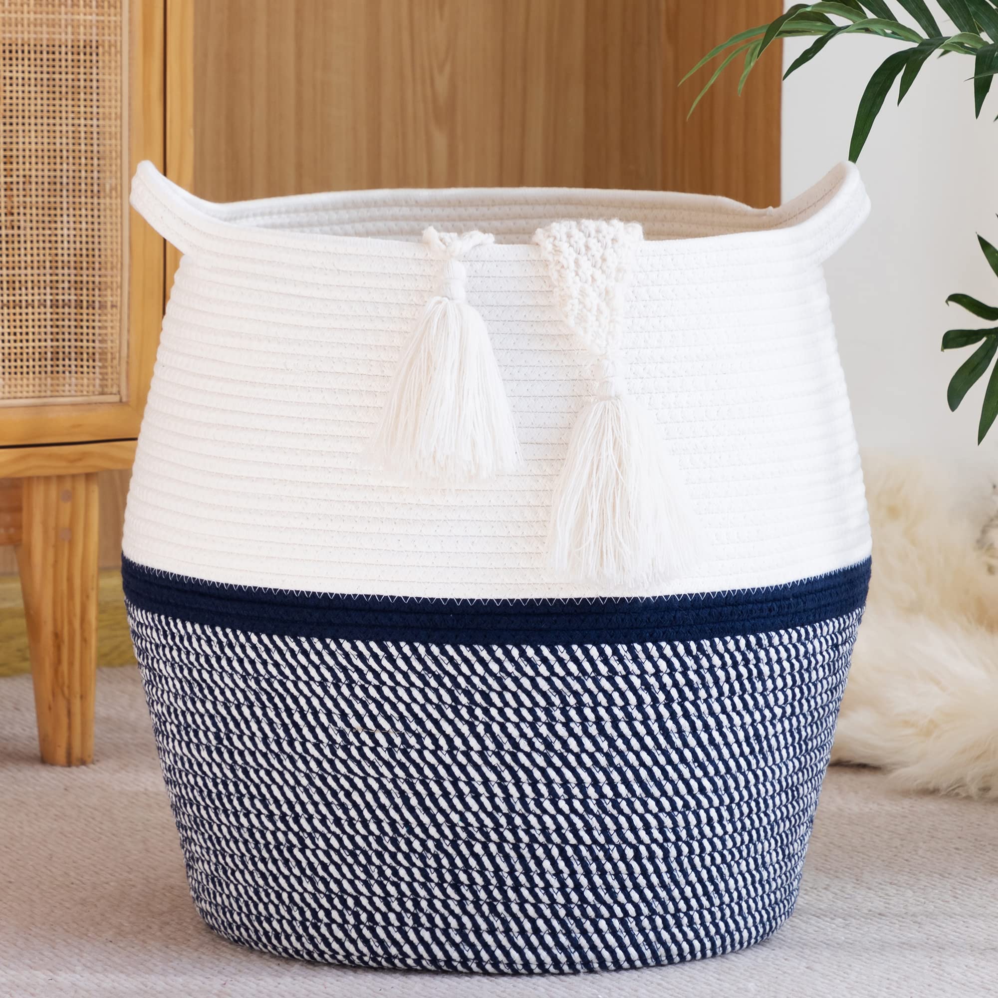 Photo 1 of **DIRTY**KAKAMAY Woven Baskets for Storage(17"x17"),Large Cotton Rope Basket Woven Baby Laundry Hamper,Collapsible Laundry Basket, Blanket Basket for Living Room,Nursery,Clothes, Toy chest(Navy Blue)