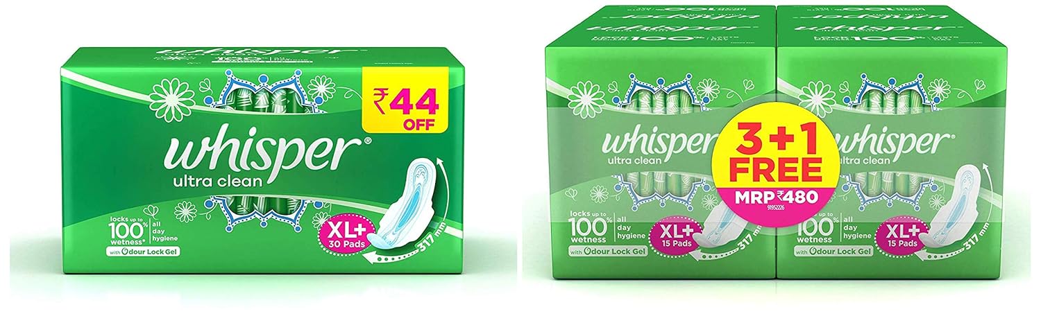 Whisper Ultra Clean Sanitary Pads - 30 Pieces (XL Plus) & Ultra Clean Sanitary XL Plus Pads - 15 Count...