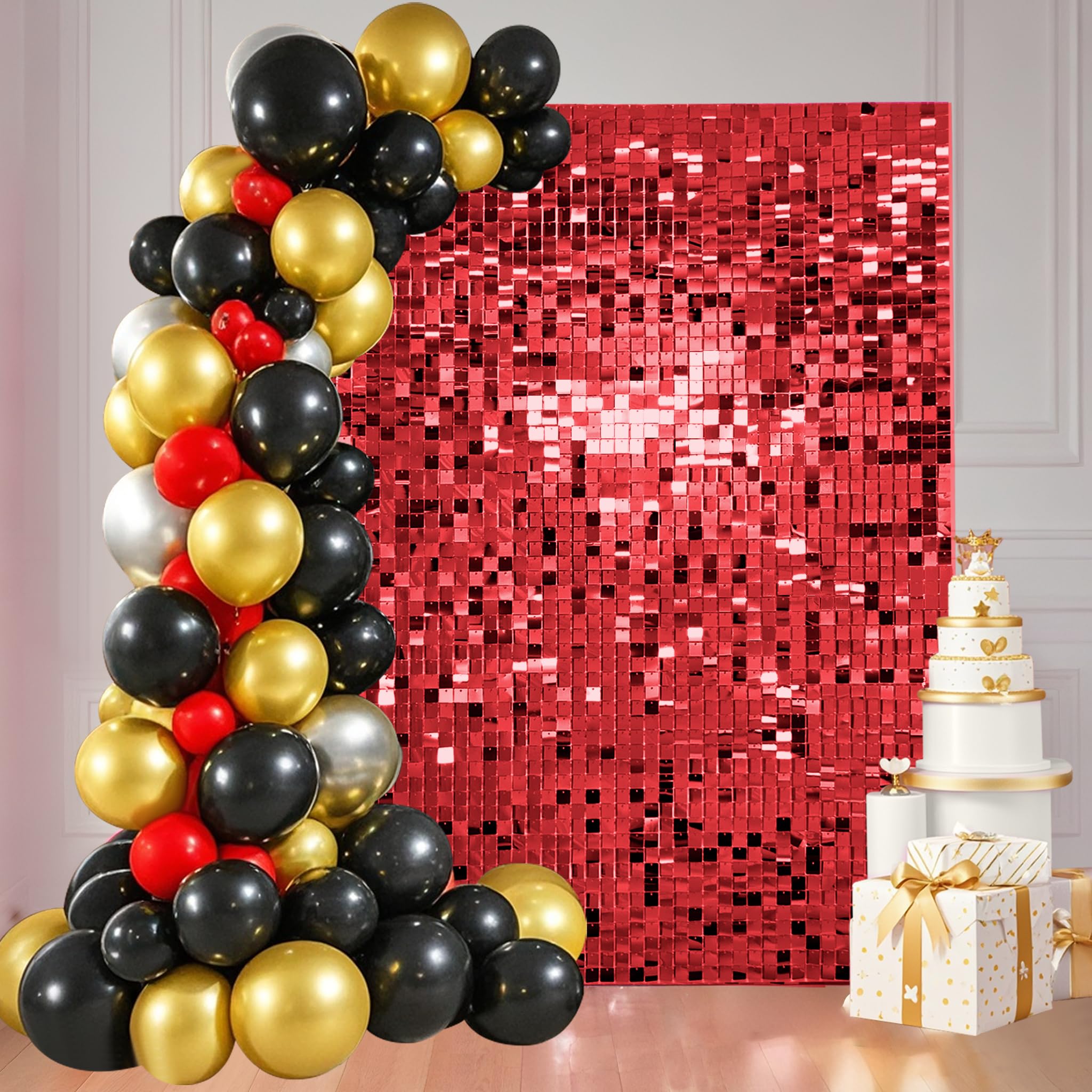 Photo 1 of Ozikutech 24 Pcs Red Shimmer Wall Backdrop Panels for Birthday Party Decoration - 6x4 FT Square Sequin Backdrop