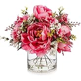 ENOVA FLORAL Artificial Silk Flower Arrangement with Vase,Mixed Artificial Silk Peony Flower in Vase for Decoration Home Office, Wedding Centerpiece (Fushia)