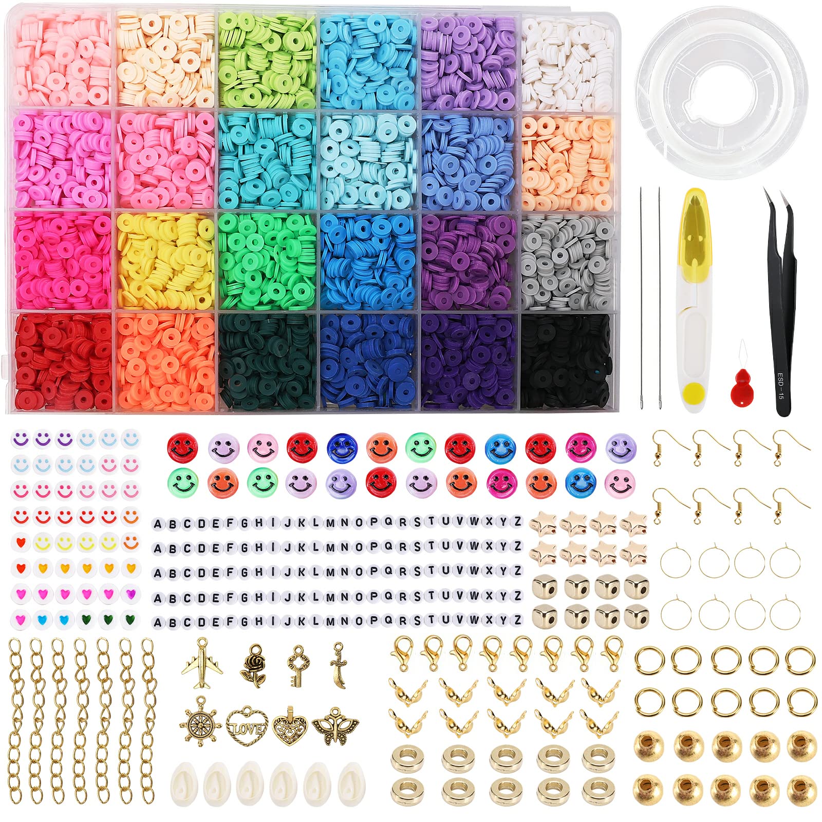 LauCentral 6100+ PCS Clay Beads Kit,Clay Flat Letter Beads Polymer 24 Colours Round Bead, Bracelet Making Set with Alloy Pendant, DIY Bracelet String with Charms Craft Gifts for Teen Girls