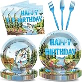 96Pcs Gone Fishing Party Plates Napkins Ofishally Birthday Supplies Fishing Birthday Paper Dessert Cake Plates Tropical Fish Tableware Sets for Kids Boys 24 Guests Birthday Party Decorations
