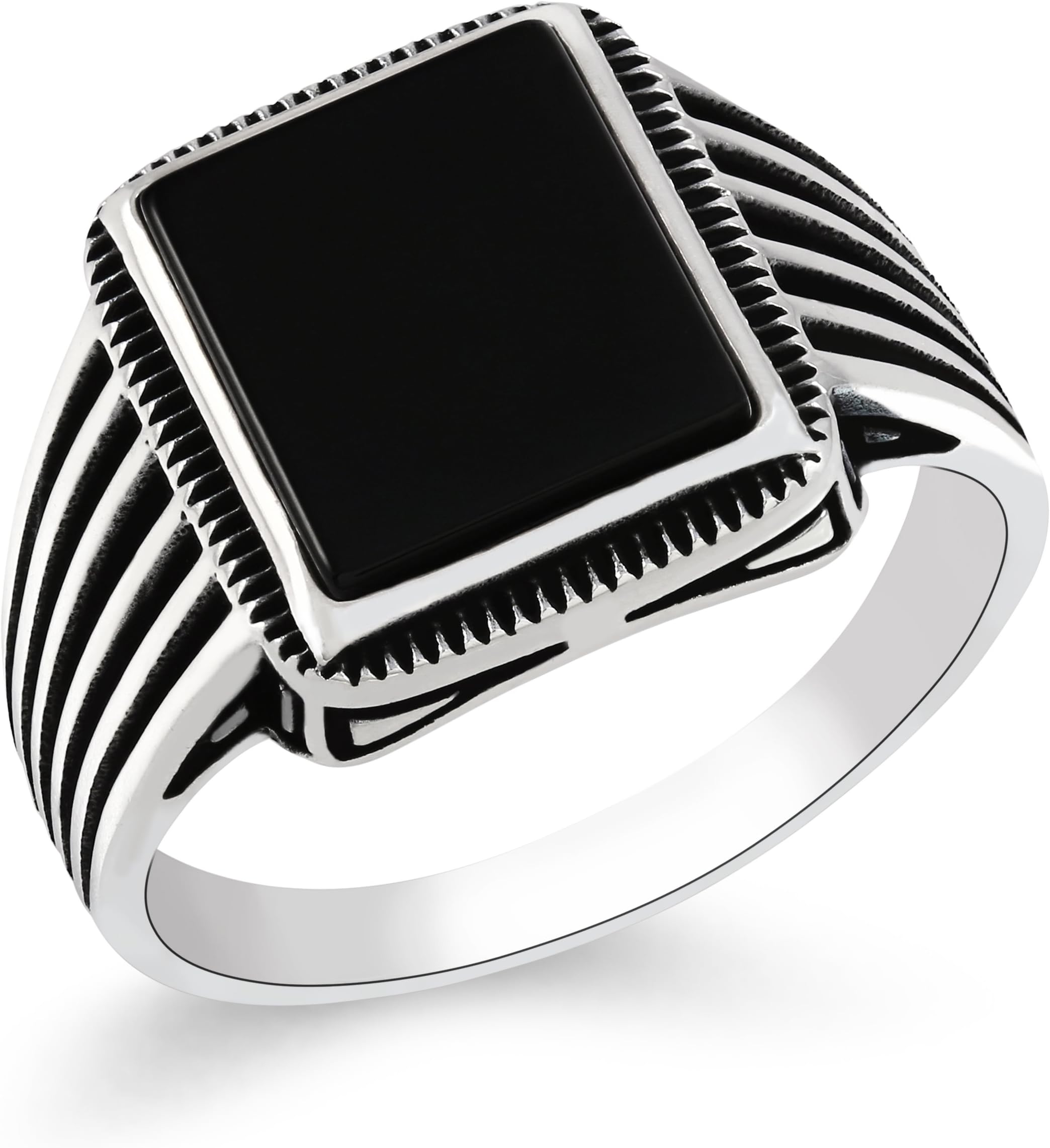 chimoda Mens Rings 925 Sterling Silver Jewelry Black Onyx Stone Men's Ring Striped Design