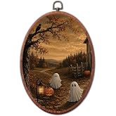 Moody Ghost Pumpkin Oval Wall Art, Vintage Halloween Canvas Framed Decor | dark academia, halloween decor, gothic framed canvas, for living room bedroom home office, dark forest decor, 8.6 x 11.4 inch