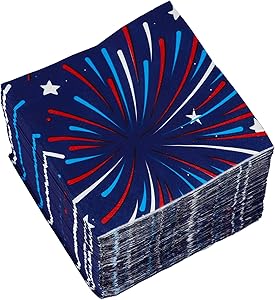 Cocktail Napkins - 150-Pack Luncheon Napkins, Disposable Paper Napkins American Party Supplies, 2-Ply, Fireworks Design, Unfolded 10 x 10 inches, Folded 5 x 5 inches