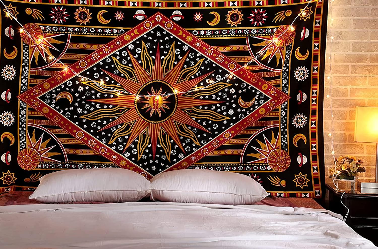 Tapestries - raajsee Burning Sun Golden Tapestry Bedroom Aesthetic- Zodiac Mandala Tarot Tapestry Wall Hanging – Indie Cotton Celestial Wall Décor Burning Sun Tapestries Trippy - Boho Tapestrys Hippie 52x60 inch