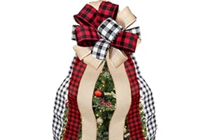 Fvviia Christmas Tree Topper Large Buffalo Plaid Burlap Red and Black Gift Bow for Xmas Tree Handmade Holiday Party Decorations-13 x 29 Inch