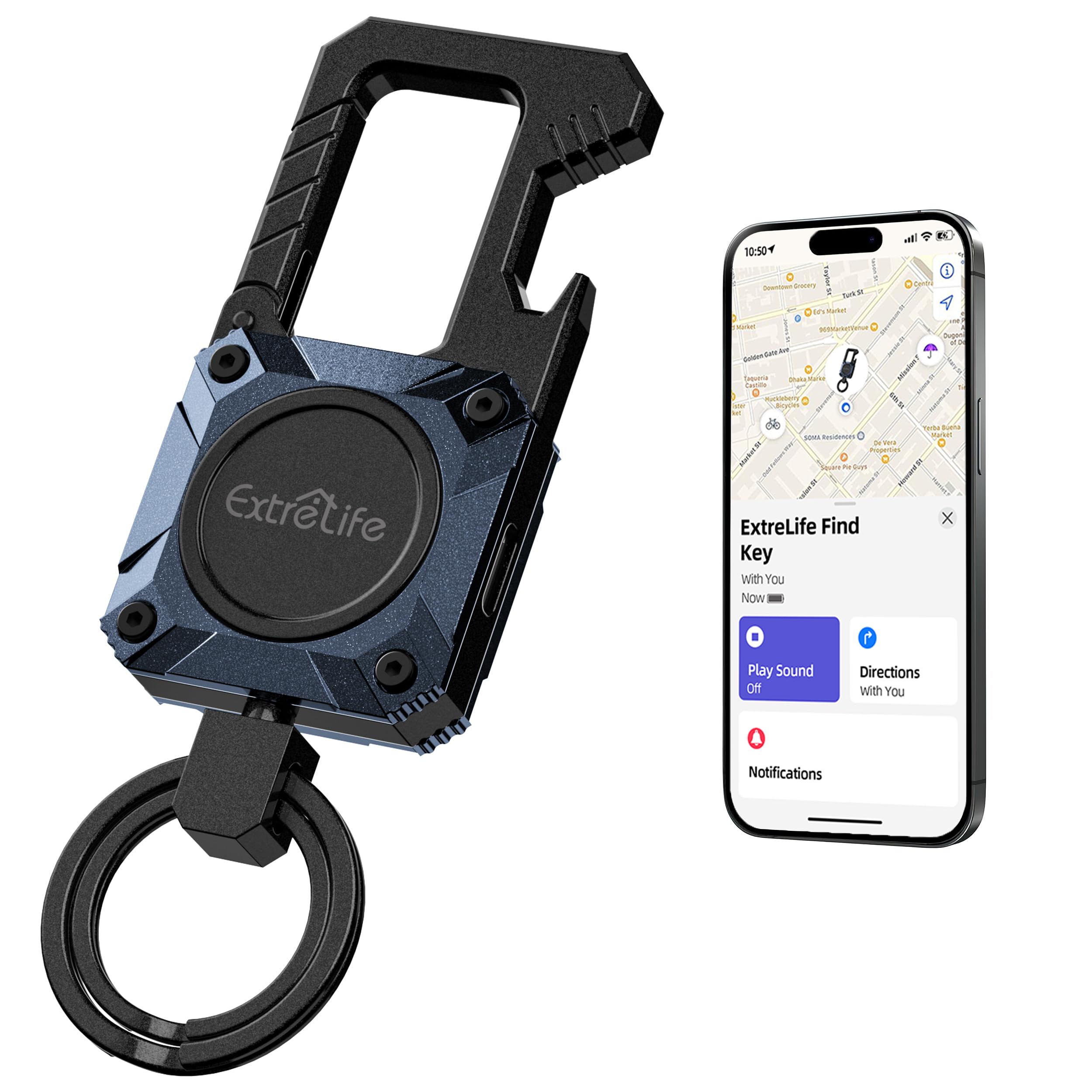 Photo 1 of Keychain, Works with Apple Find My, Heavy Duty Keychain Bottle Opener, Carabiner Car Key Chains with GPS Tracker, Key Finder, Bluetooth Tracker for Luggage, Kids, Bags and More, Rechargeable, Blue