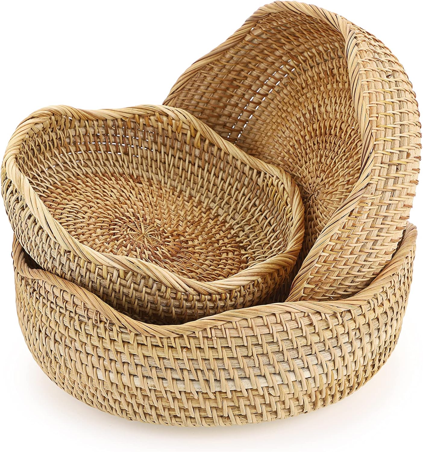 Hipiwe Set of 3 Wicker Fruit Baskets Bowl for Bread Vegetable - Natural Rattan Round Basket Breakfast Serving Tray Kitchen Food Storage Organizer Holder Home Decorative Fruit Bowl