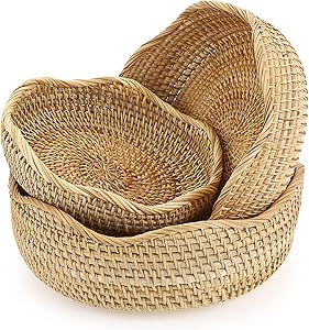 Hipiwe Set of 3 Wicker Fruit Baskets Bowl for Bread Vegetable - Natural Rattan Round Basket Breakfast Serving Tray Kitchen Food Storage Organizer Holder Home Decorative Fruit Bowl