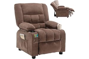 BOSMILLER Kids Recliner Chair， Push Back Toddler Recliner with Cup Holders & Side Pockets， Adjustable Footrest & Headrest Kids Sofa for Boys Girls 3+ Age Group (Light Brown)