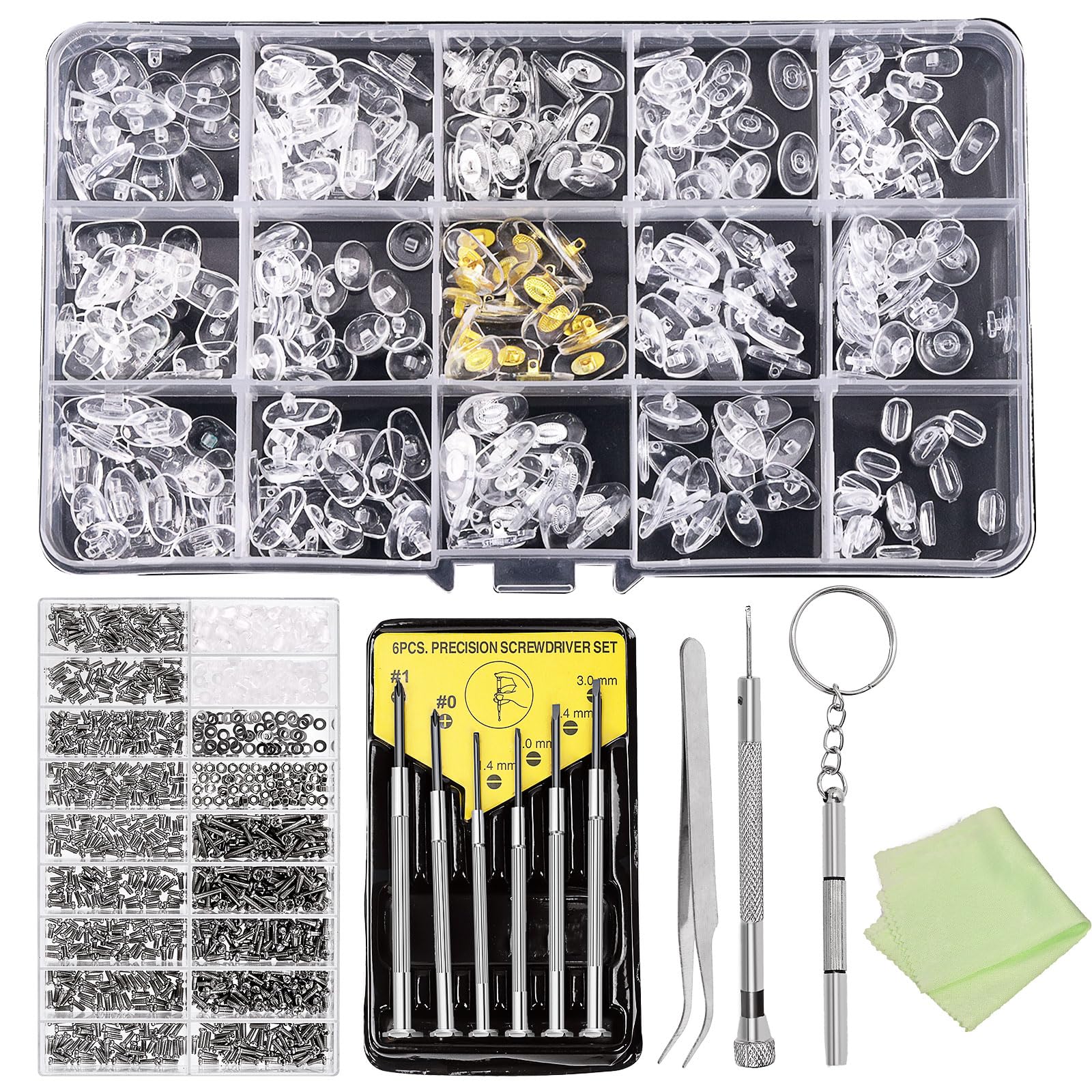 Swpeet 1310Pcs Upgrade Version Eye Glass Repairing Kit Includes Nose Pads, Precision Screwdriver Set, Screws, Tweezer, Cleaning Cloth for Eyeglasses, Sunglasses, Watch Clock Spectacle Repair