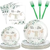 Sunnyray 96 Pcs/24 Sets Greenery Gender Reveal Plates Napkins Decorations Gender Reveal Baby Shower Party Supplies Baby Shower Paper Tableware Set Dessert Plates Napkins Forks
