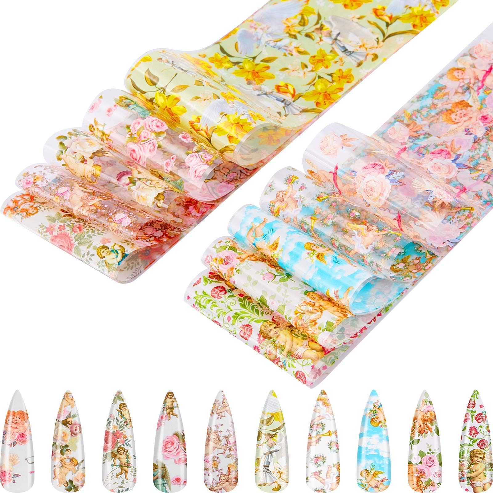 60 Sheets Angel Pattern Nail Foil Transfer Stickers Nail Art Stickers Angel and Flower Mixed Style Nail Stickers Transfer Decal Nail Art Decorations Tips Charms Accessories for DIY Nail Decoration