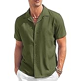 COOFANDY Men's Casual Button Down Shirt Short Sleeve Textured Summer Cuban Beach Shirts Army Green
