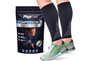 Calf Compression Sleeves for Men and Women - (1 Pair) Footless Compression Socks Support for Varicose Vein, Nursing, Pregnancy, Running - PhysFlex Leg Sleeve Brace for Shin Splints, Pain Relief and Reduces Swelling (Black, Large)