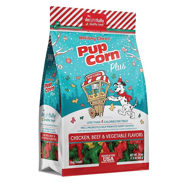 PUP CORN PLUS – PUFFED DOG TREATS WITH PREBIOTICS AND PROBIOTICS – HOLIDAY CHEER FLAVORED (24OZ) – MADE IN USA