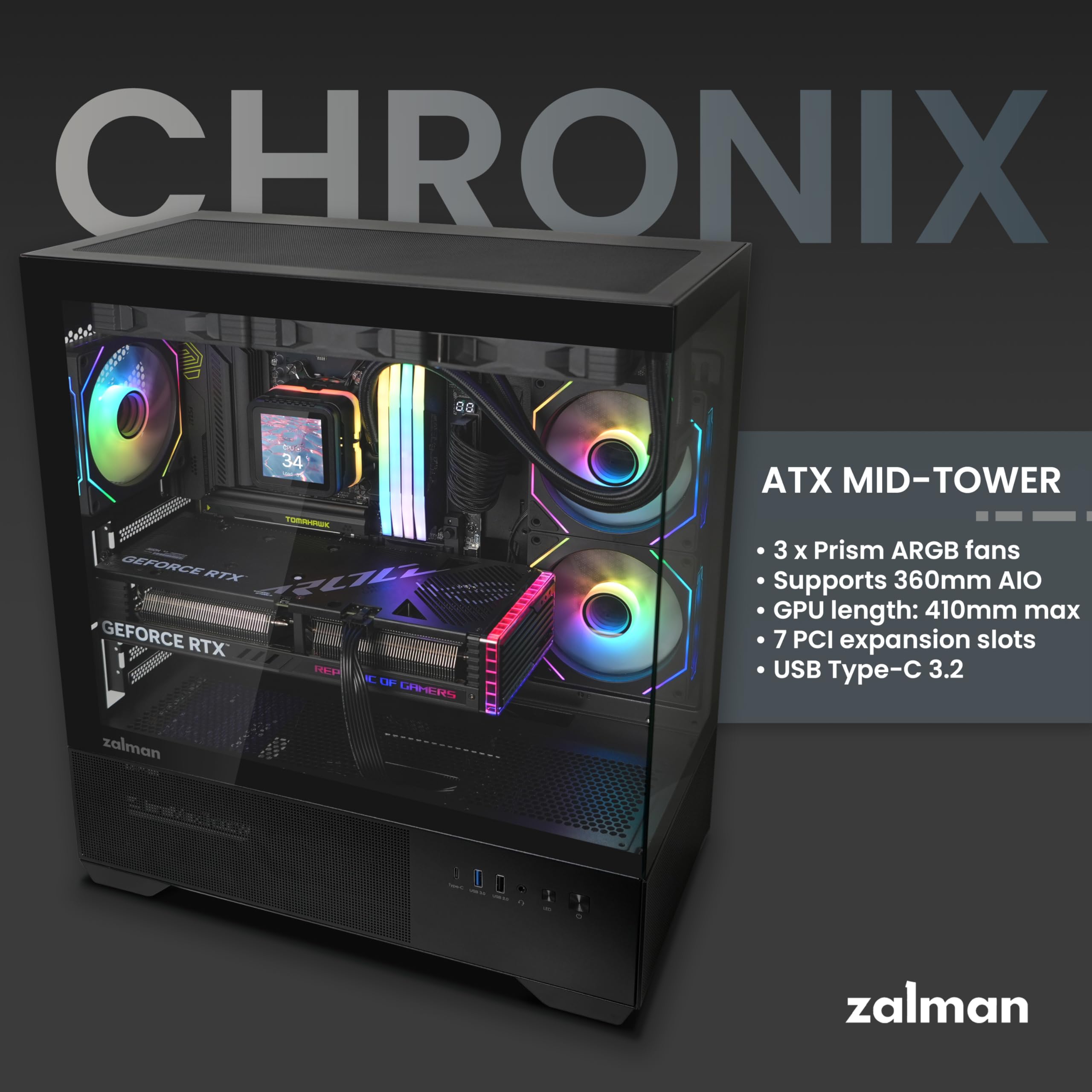 Zalman CHRONIX ATX Mid-Tower PC Case, 3 x Prism ARGB Fans Preinstalled, USB Type-C 3.2, RGB Control Button, 360mm Radiator Support, Panoramic Tempered Glass RGB Gaming PC Case, Black