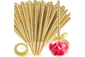 ZHBDMGK Bling Sticks for Candy Apples, 26Pcs Caramel Apple Wooden Pointed Skewers with 26Pcs Glass Bag and 22Yd Glitter Ribbons Tie, Fruit Cake Pop Chocolate Sliver Crystal Bamboo Sticks for Party Favor