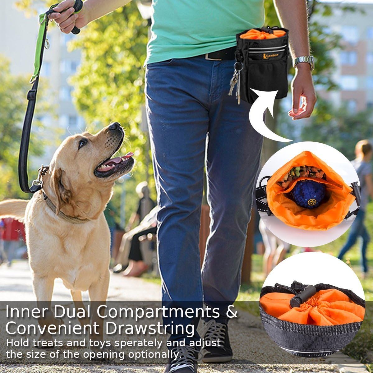 lanktoo Dog Treat Pouch Bag with Poop Bag Holder, Waterproof Puppy Training Walking Bag W/Shoulder Strap, Waist Belt and Clip - Image 3