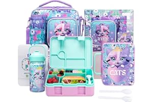 Oruiji Lunch Box Kids Bento Box for Girls with Ice Pack,Lunch Bag,Stainless Steel Water Bottle Set Utensils Set Food Container for School Cat Girls Lunch Boxes Kids Back to School Supplies