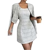 SOLY HUX Women's 2 Piece Outfits Plaid Long Sleeve Button Down Cropped Jacket and Sleeveless Mini Dress Sets