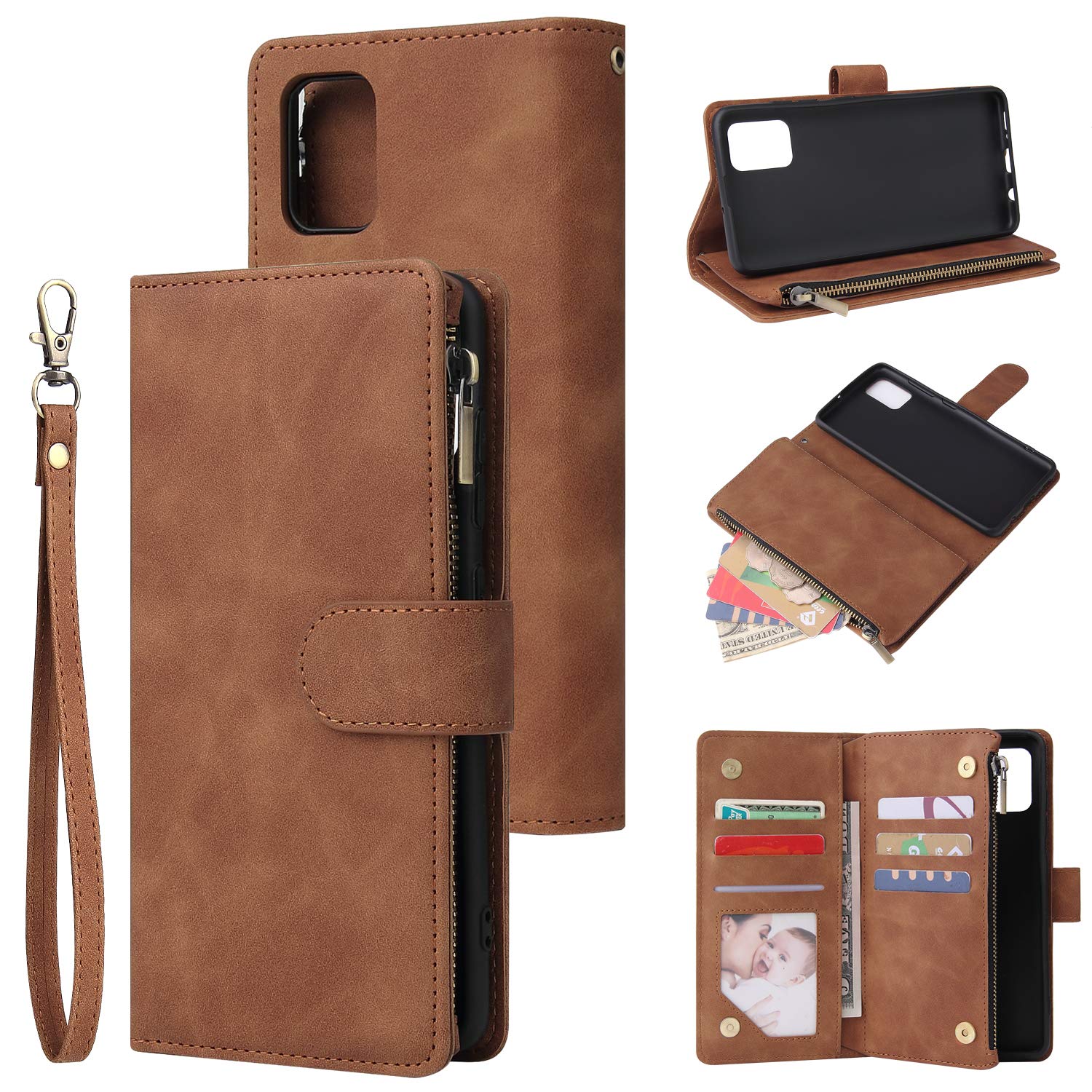 QLTYPRI Case for Samsung Galaxy A52 4G/5G/A52S 5G, Large Capacity Leather Wallet Case 6 Card Holder & 1 Zipper Pocket Kickstand Wrist Strap Magnetic Protective Cover for Galaxy A52/A52S 5G - Brown