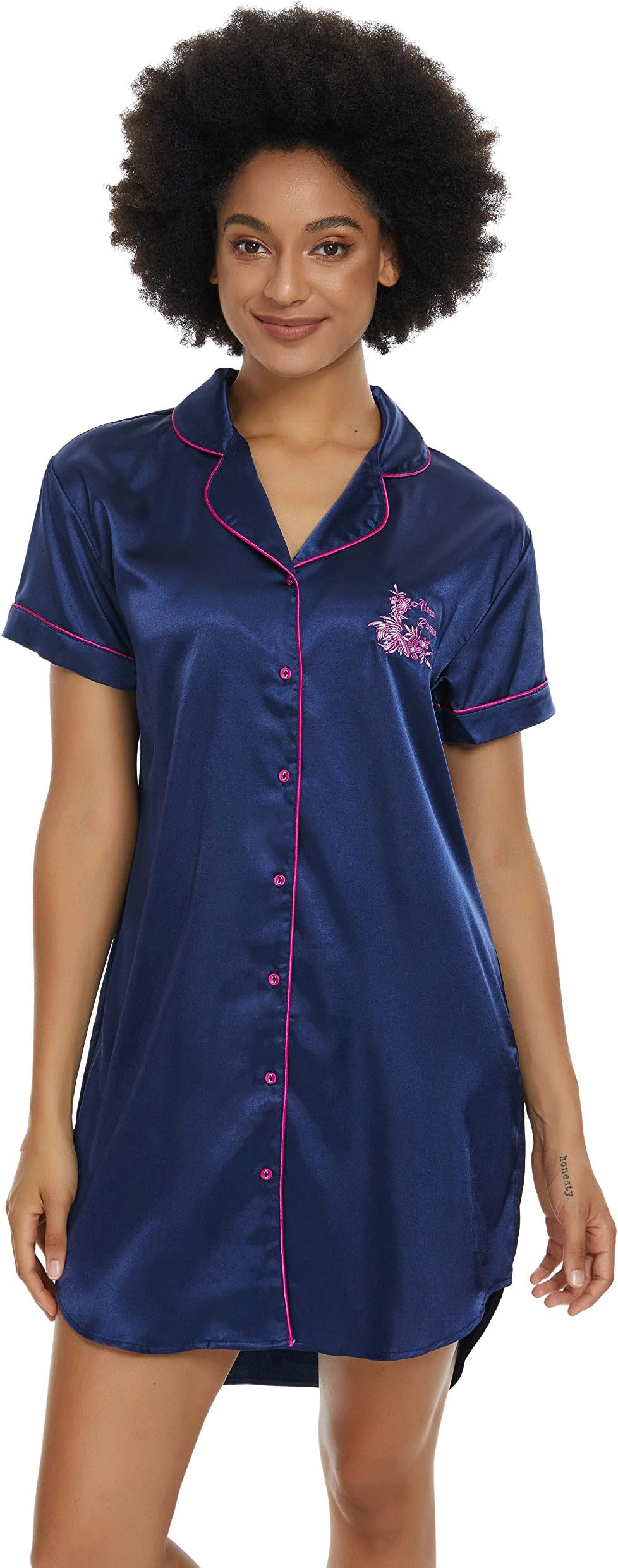 Alcea Rosea Womens Nightgown Sleep Shirt Sleep Dress Boyfriend Nightshirt Short Sleeve Button-up Collar Pajamas S-XXL