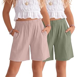 Custoneei 2 Pack Girls Linen Bermuda Shorts | Knee Length Pants, Elastic Waist, Lightweight Soft Fabric, Pockets, Kids Summer