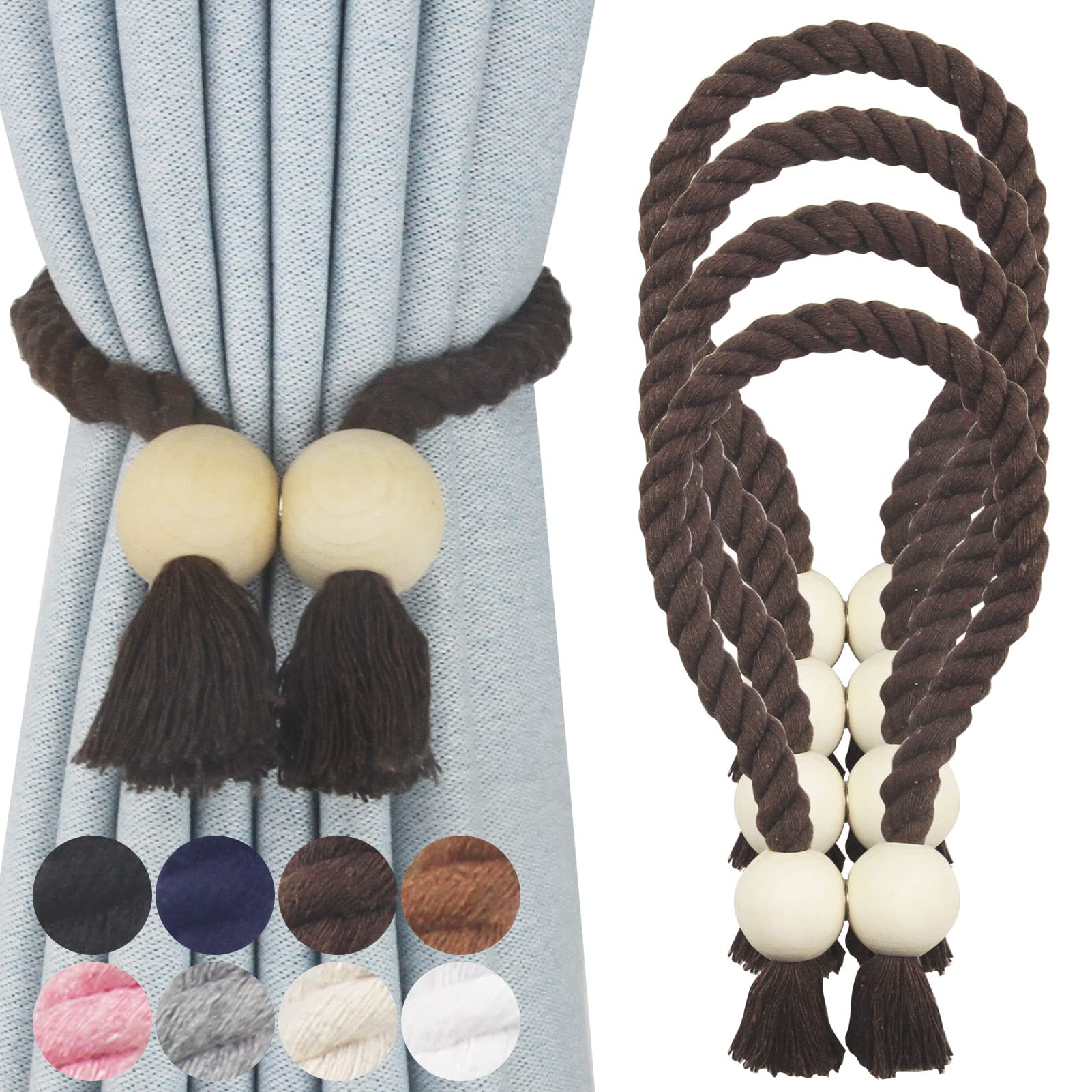 Nieffeiy 4 Pack Magnetic Curtain Tiebacks Cotton Hand Woven Tie Back Decorative Rope Holdbacks for Curtains Draperies No Tools Required, Coffee