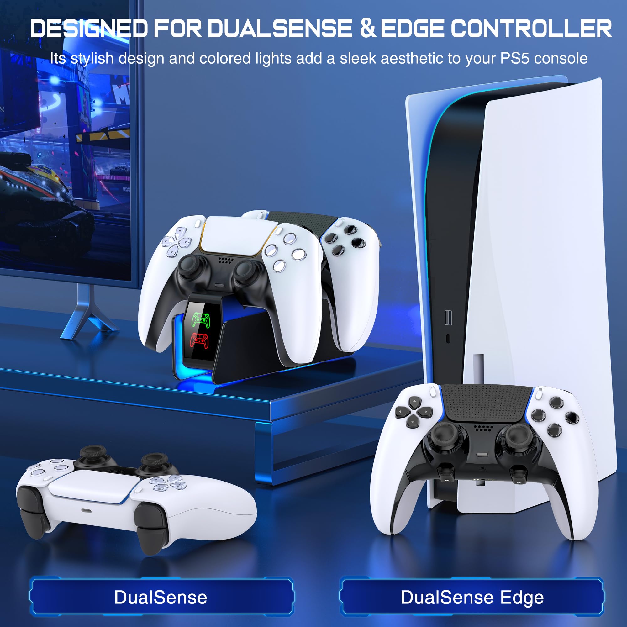 PS5 Controller Charger Station for Playstation 5 Dualsense with LED Light Dual Stand Charger Dock, PS5 Controller Charging Station Accessories for Playstation 5 Faceplates DualSense Edge-Black