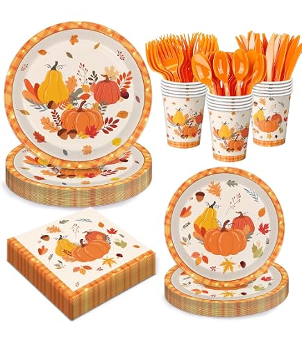 HOWAF Fall Party Tableware Set, Fall Pumpkin Party Supplies Dinnerware Set, Pumpkin Patch Paper Plates, Cup, Napkins, Knife, Fork, Straw, Plastic...