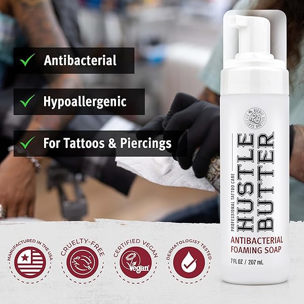 HUSTLE BUBBLES TATTOO AFTERCARE SOAP – ANTIBACTERIAL CLEANSER TO CLEAN NEW TATTOOS & PIERCINGS – ESSENTIAL BODY ART SUPPLIES 7OZ