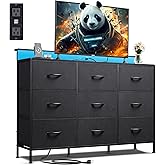 WLIVE Black Dresser TV Stand for 45, 50, 55 inch TV, Entertainment Center with LED Lights & Charging Station, Chest of drawers with 9 Fabric Drawers and Open Shelves for Living Room, Hallway, Wood Top