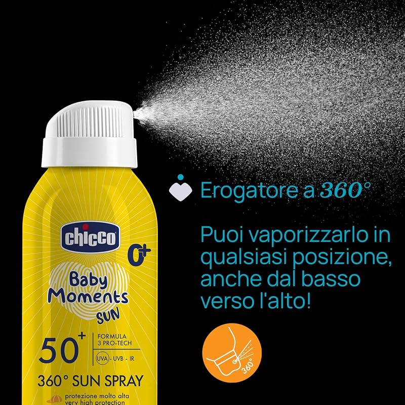 Spray Solare Protezione SPF 50 + Per Bambini, Resistente all'Acqua, Facile Da Applicare Con Sistema di Erogazione a 360°, Protezione Contro UVA, UVB e Infrarossi, Senza Alcol, 0 Mesi +, 150 ml