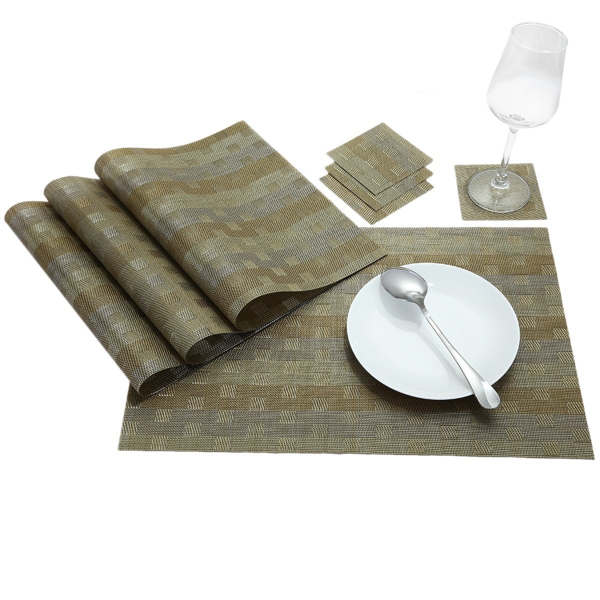 mookaitedecor PVC Placemats Set of 4 & Coasters Set of 4, Heat Resistant Table Mats Non-slip Washable for Dining Home Kitchen