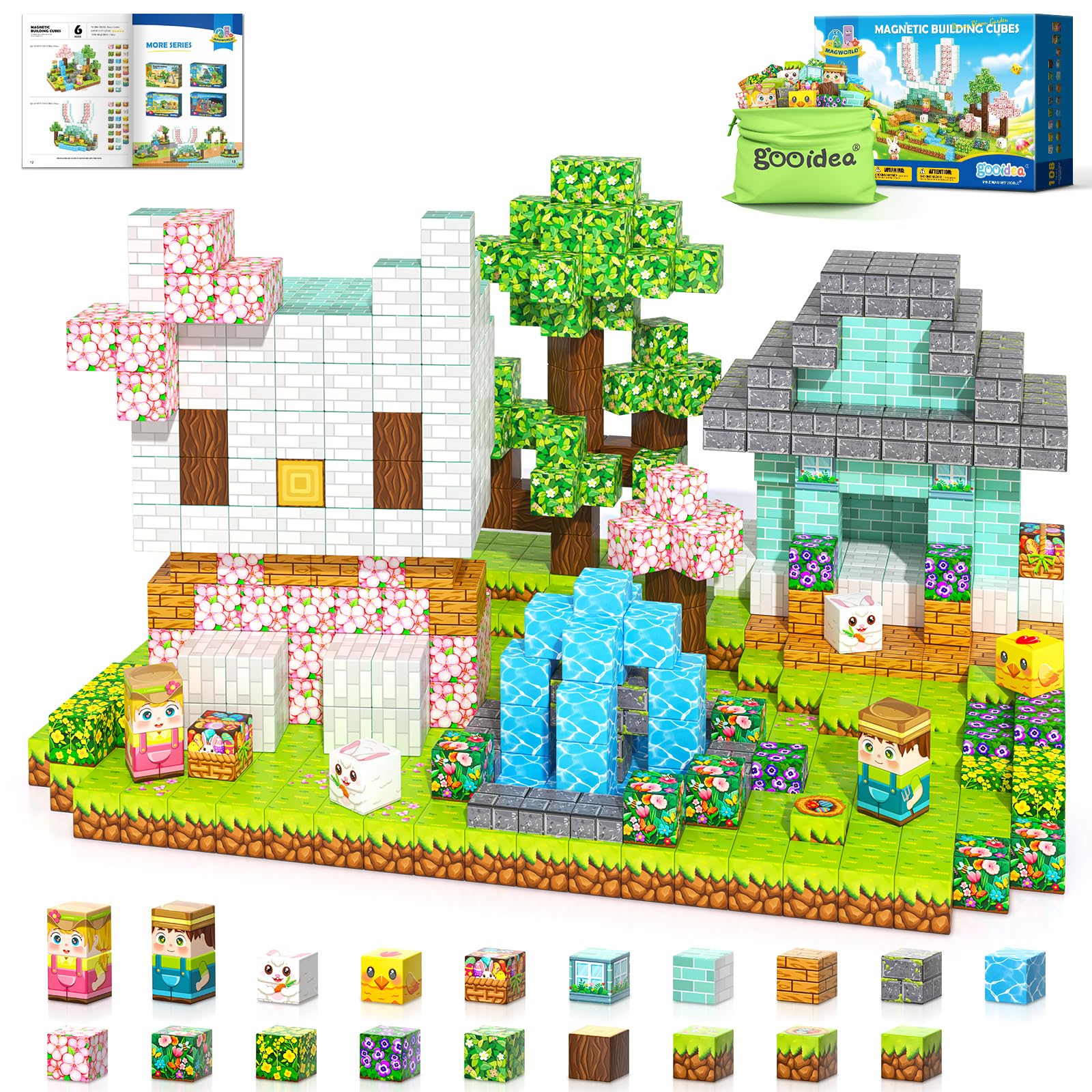 Photo 1 of 108PCS Magnetic Blocks Kids Magnet Toys, Large 1 inch Building Cubes with Puzzle Panel, Mine Magworld Easter Bunny Garden Building Crafts, Sensory Learning Toys Gift for 3+ Year Old Boys Girls