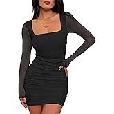 Prinbara Womens Mesh Long Sleeve Square Neck Ruched Mini Dress Sexy Bodycon Elegant Cocktail Evening Club Party Short Dresses