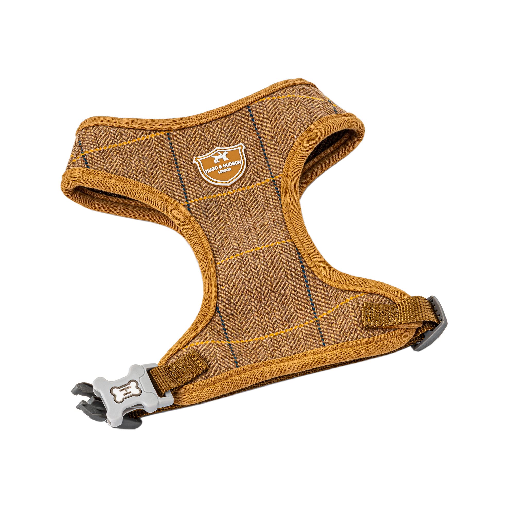 HUGO & HUDSON Tweed Dog Harness No Pull Adjustable Rear Buckle Vest, Caramel Checked Herringbone, XS