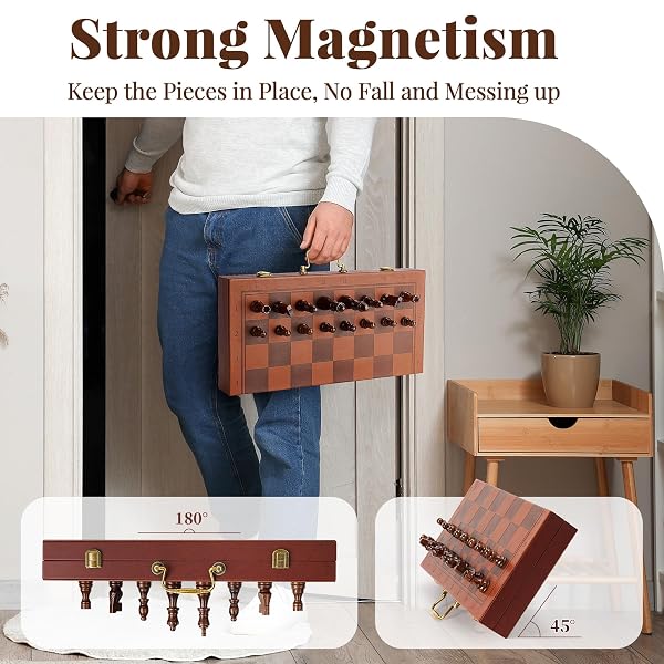 MAGNETIC CHESS SET 15.5 INCH CHESS BOARDS FOR ADULTS & KIDS, LEATHER & WOODEN FOLDING BOARD WITH HANDMADE WOOD PIECES, TRAVEL CHESS SETS GAME WITH PORTABLE HANDLE FOR BEGINNERS PROFESSIONALS