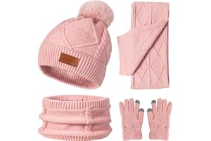 RODNSURW 4 Pieces Winter Hat Scarf Glove Set for Women,Fleece Lined Beanie with Pom Pom,Touchscreen Gloves Knit Scarf for Cold Weather