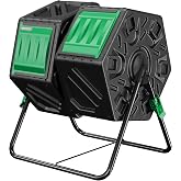 Compost Bin, 37-Gal Dual Chamber Composter Tumbler, Black Green | Steel Frame with 2 Sliding Door and Aeration System, 360&deg; Rotating, Tumbling Composting Bin for Kitchen, Garden, Yard