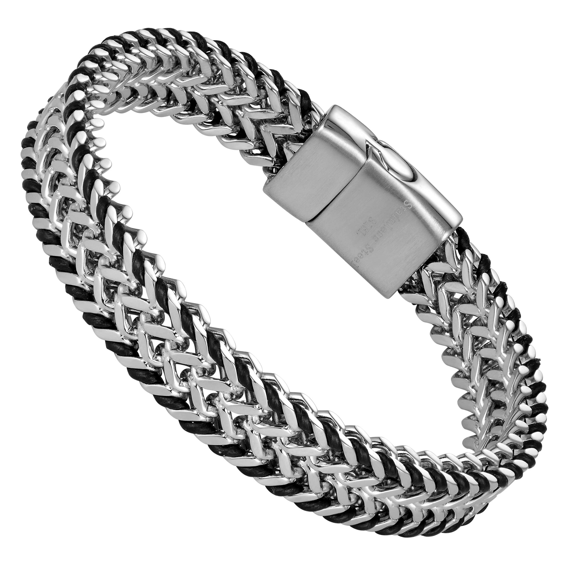 Men's Stainless Steel & Genuine Leather Bracelets – Various Designs in Silver, Black, and Polished Finishes – Rust & Discoloration Resistant – Jewelry Gift or Accessory for Men, 8.46, Leather, no
