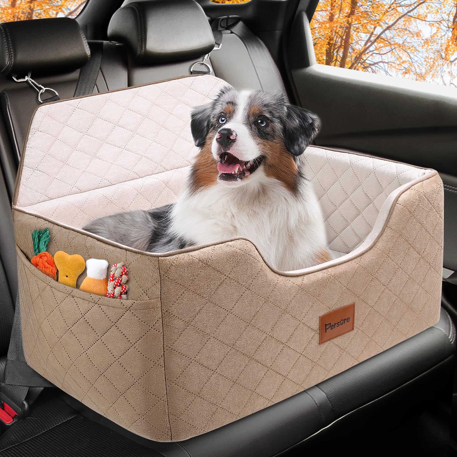 Photo 1 of Dog Car Seat for Large-Medium Dogs: Pet Car Seat, Detachable Washable Dog Booster Seat, Pet Travel Bed with Storage Pockets and Dogs Safety Belt (Coffee, Large)