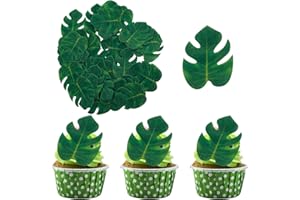 Gyufise 48Pcs Edible Monstera Tropical Leaves Cupcake Toppers Palm leaves Cake Decorations for Jungle Hawaiian Theme Baby Shower Kids Birthday Party Supplies