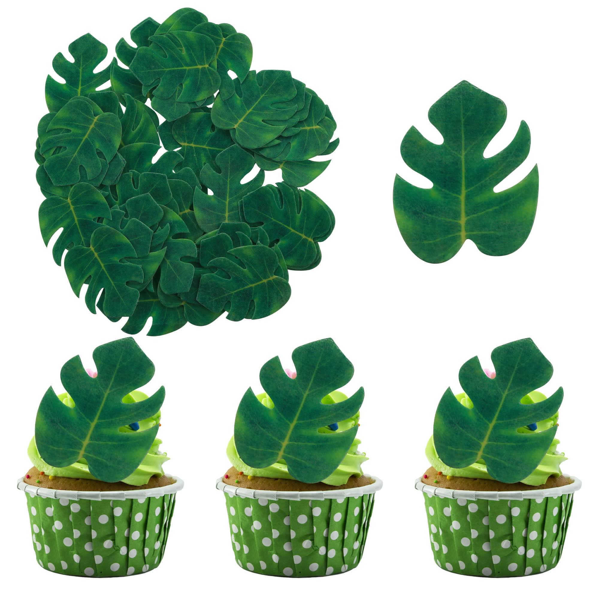Photo 1 of Gyufise 48Pcs Edible Monstera Tropical Leaves Cupcake Toppers Palm leaves Cake Decorations for Jungle Hawaiian Theme Baby Shower Kids Birthday Party Supplies