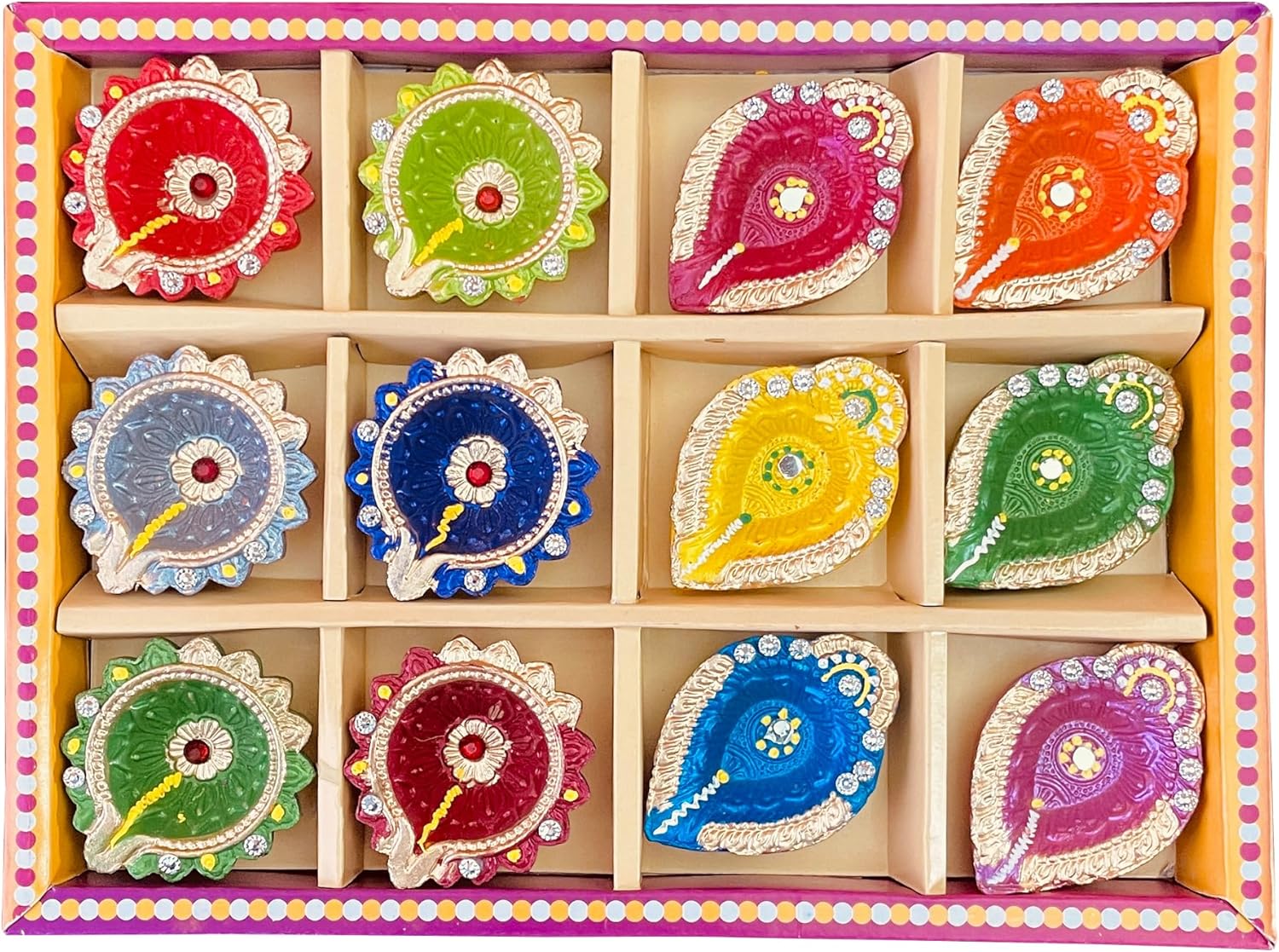 Oil Lamps & Accessories - KSJONE 12 Pcs Colourful Clay Diya with Cotton Wicks Batti Traditional Terracotta Natural Earthen Oil Lamp Deepak Welcome Dia Handmade Earthen Diyas for Lighting Decoration